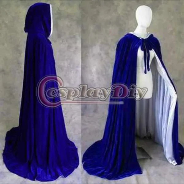 Lined Blue Velvet Satin Cloak Medieval Witchcraft Wicca Cape Adult Women Winter Outside Wedding Cloak Halloween Costume D0419